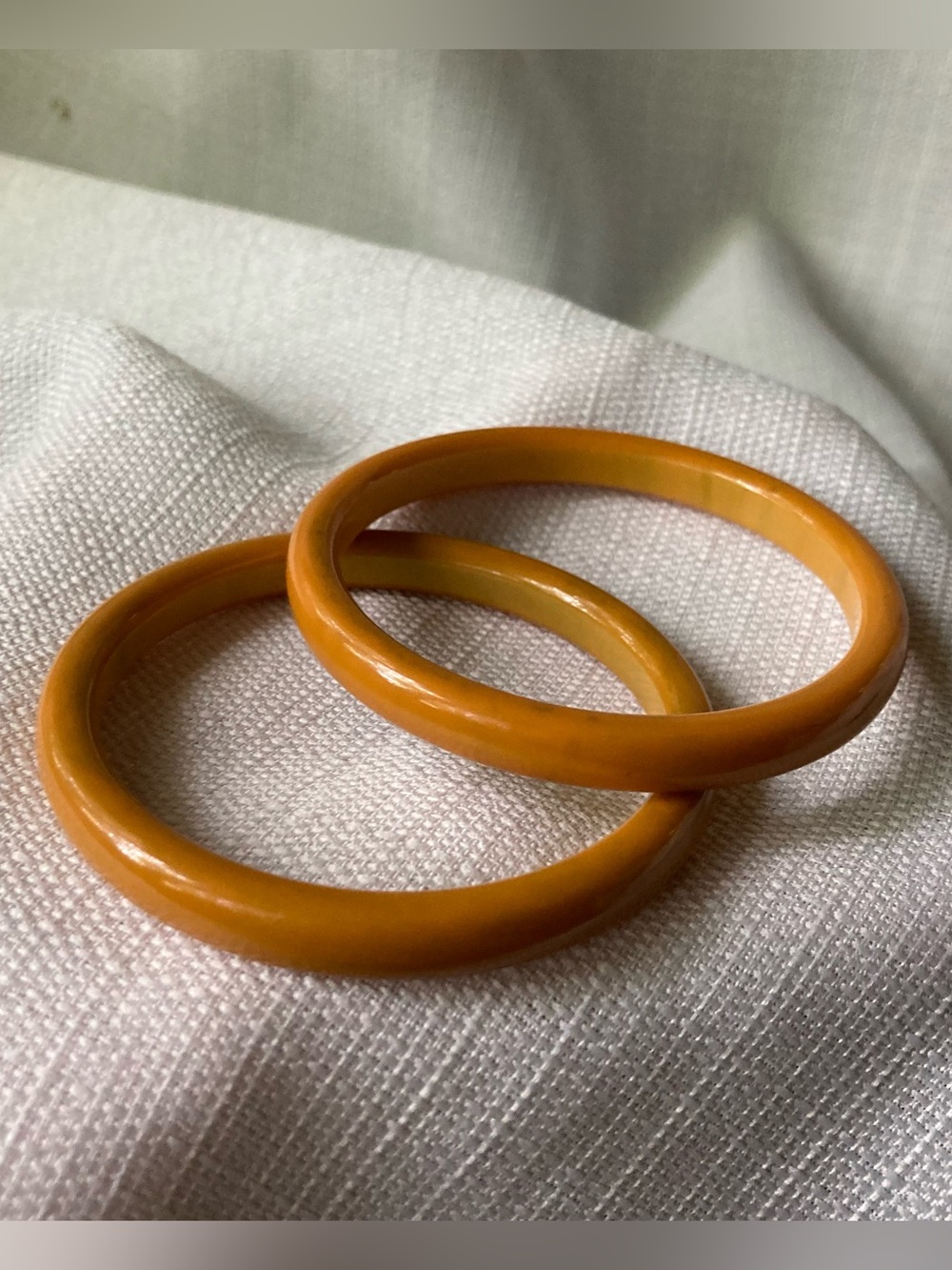 Pair of Vintage Catalin Bakelite Butterscotch with Green Bangle Bracelets!